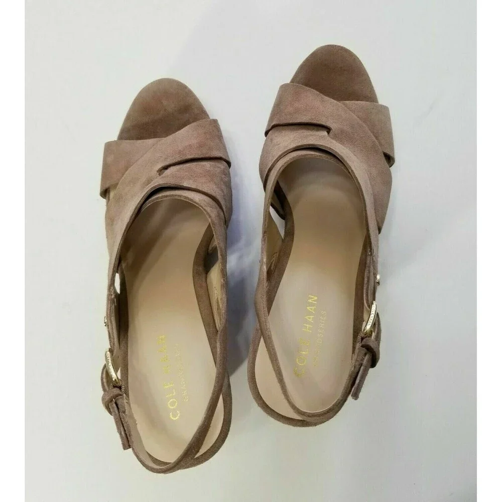 Cole Haan Laci Suede Platform Slingback Wedge Sandal Stone Taupe NIB Size 9 9.5